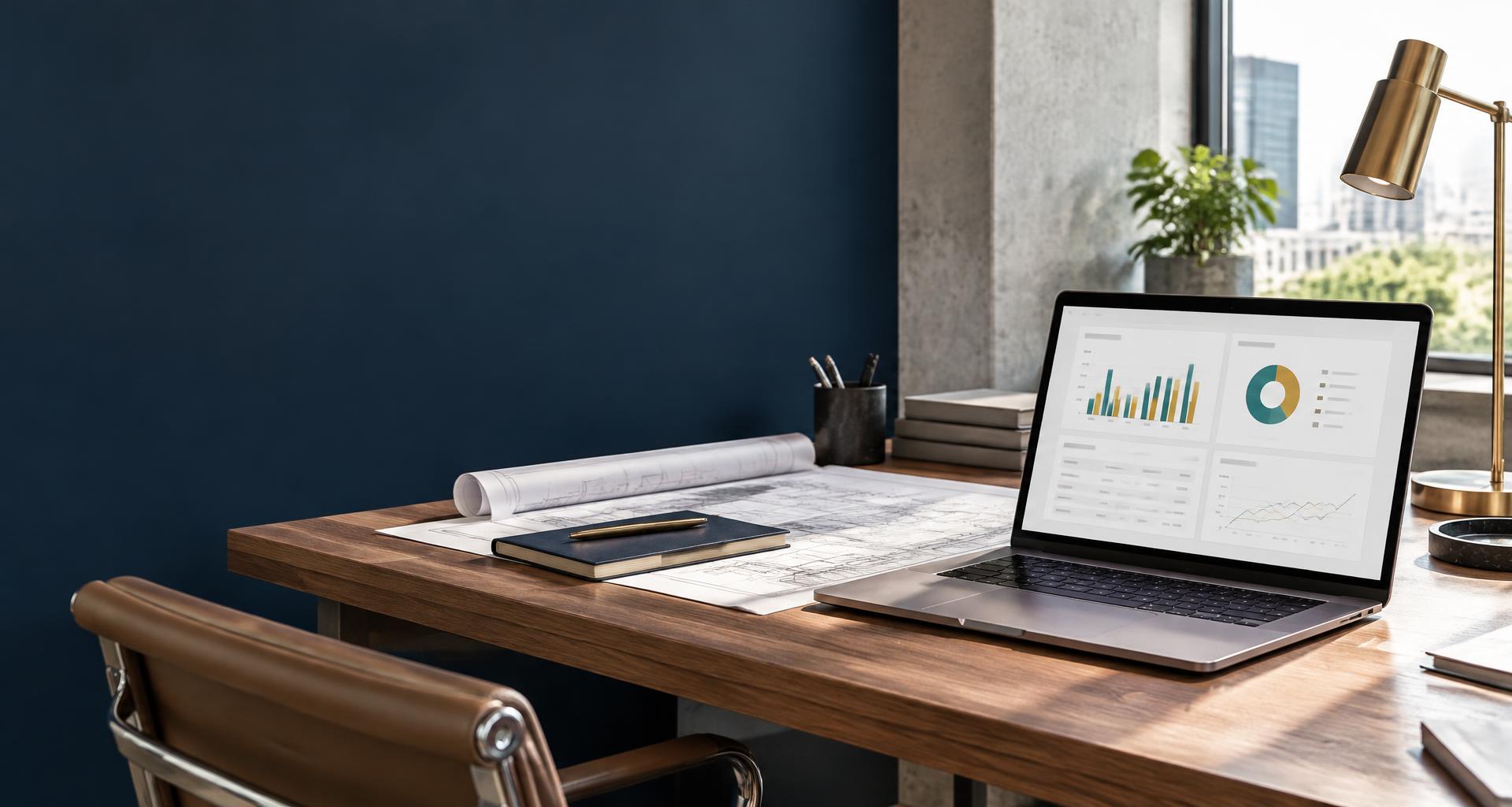 Modern business workspace with architectural plans and an illustrative analytics dashboard